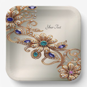 Assiette en papier Fleurs de bijou d'or élégant