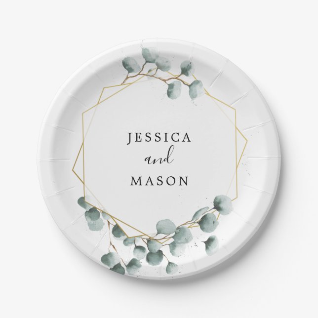 Assiette en papier Fleurs d'eucalyptus pour mariag (Devant)