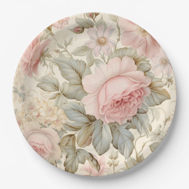 Assiette en papier Fleurs roses (Devant)