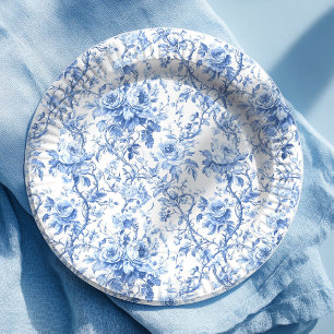 Assiette en papier fleurs roses Toile de Jouy bleu