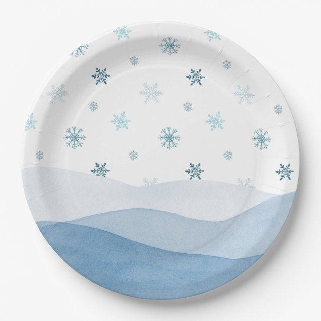 Assiette en papier Flocon de neige bleu hivernal (Devant)