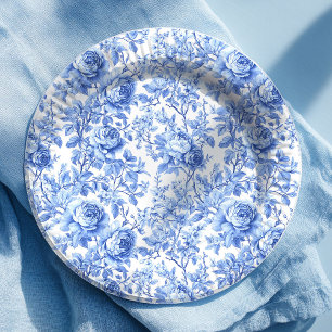 Assiette en papier floral à motif toile de Jouy bl