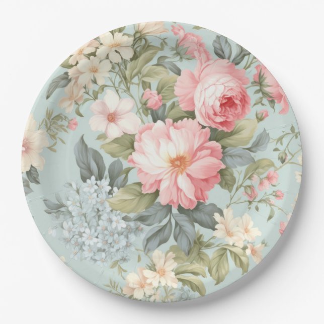 Assiette en papier floral rose blanc (Devant)