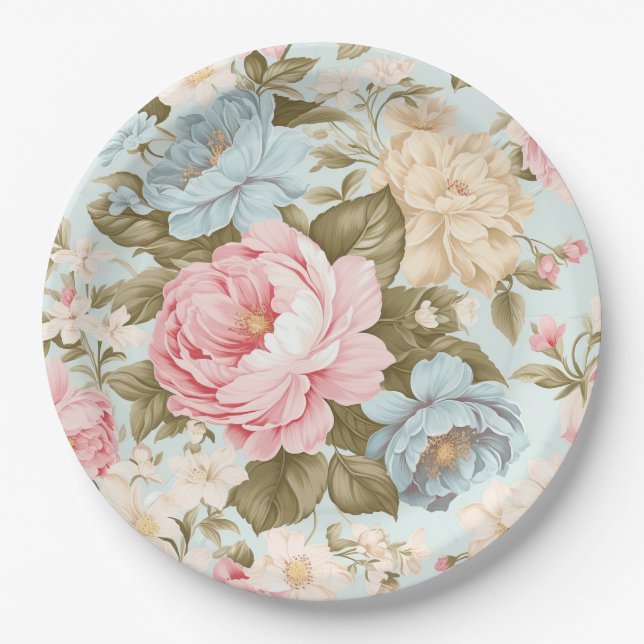 Assiette en papier florale bleu rose jaune (Devant)