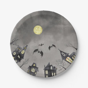 Assiette en papier Halloween aquarelle de ville ef