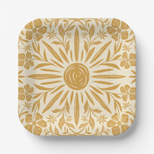 Assiette en papier imprimé floral et soleil