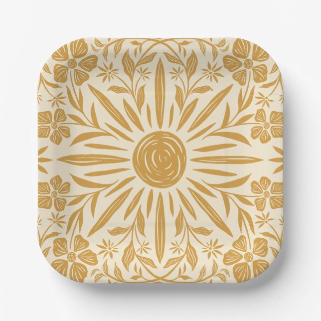 Assiette en papier imprimé floral et soleil (Recto)