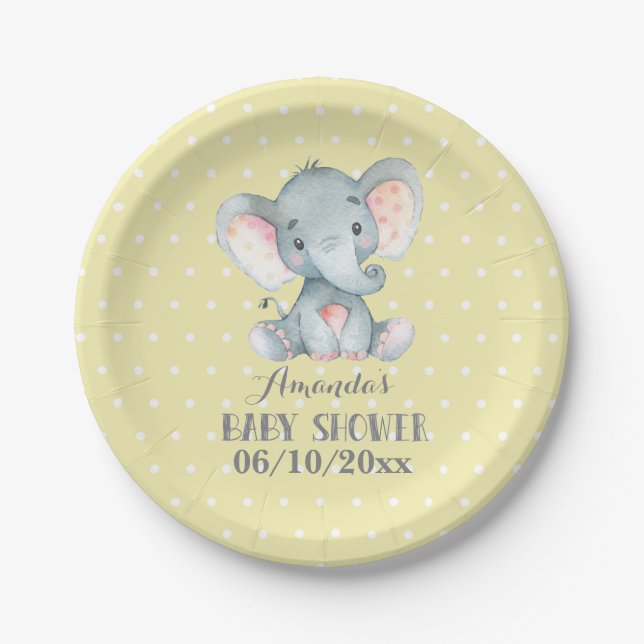 Assiette en papier jaune Baby shower éléphant (Devant)
