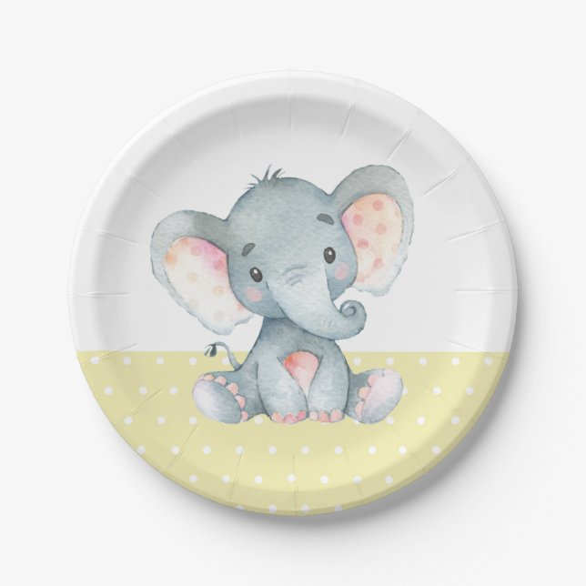 Assiette en papier jaune Baby shower éléphant (Devant)