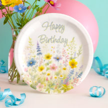Assiette en papier Joyeux Anniversaire Fleurs des