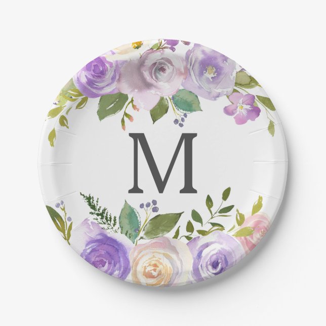 Assiette en papier Lavande Fleurie Monogramme pour (Devant)