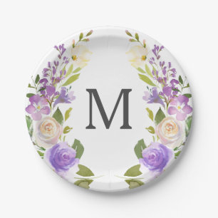 Assiette en papier Lavande Florale Monogramme pour