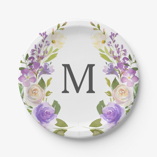 Assiette en papier Lavande Florale Monogramme pour (Devant)