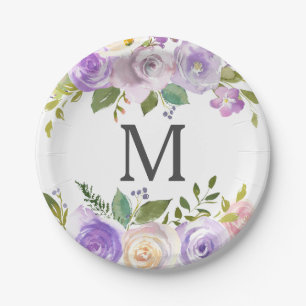 Assiette en papier Lavande Florale Monogramme pour