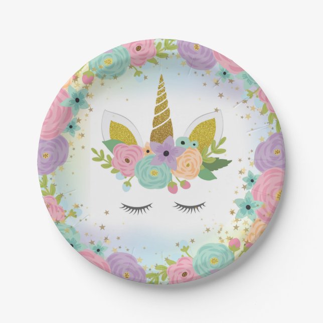 Assiette en papier licorne fleurie (Devant)