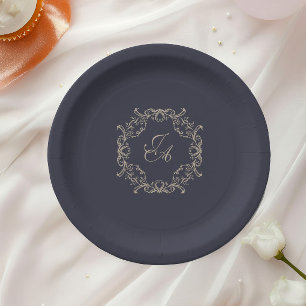 Assiette en papier mariage bleu marine baroque mon