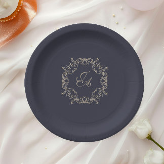 Assiette en papier mariage bleu marine baroque mon