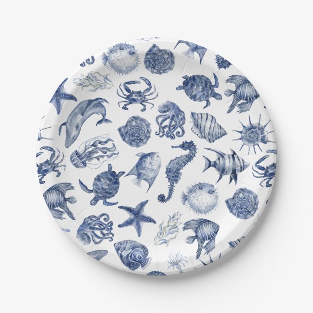 Assiette en papier mariage côtier bleu (Devant)