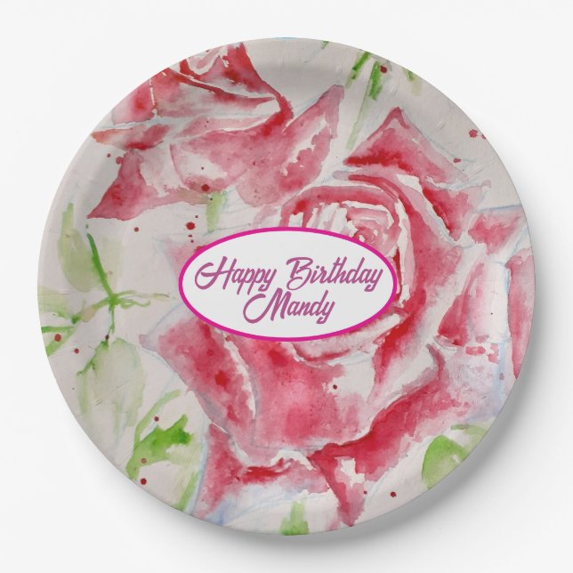 Assiette en papier motif fleur rose rouge pour fêt (Devant)