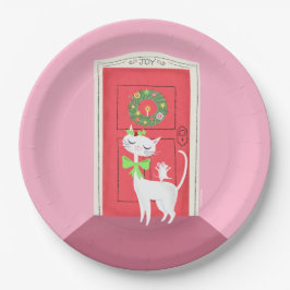 Assiette en papier Noël Rétro Chat Blanc et Souris