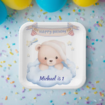 Assiette en papier personnalisée Ourson 1er annive