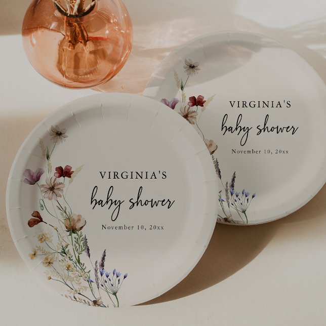 Assiette en papier pour Baby Shower Bohème (Boho Floral Baby Shower Paper Plate by Painted Paperie)
