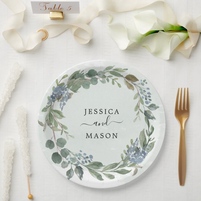 Assiette en papier pour mariage Dusty Blue Eucalyp (Mariage)