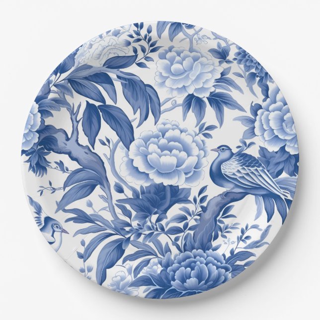 Assiette en papier pour thé à la chinoise bleue et (Devant)