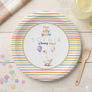 Assiette en papier rayée pastel pour les 5 ans de 