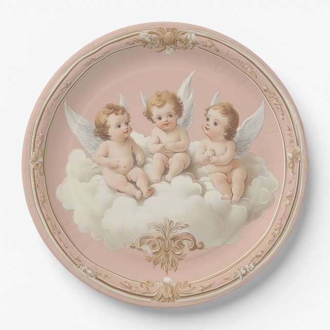 Assiette en papier rose rococo aux chérubins sur n (Devant)