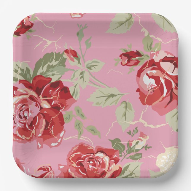 Assiette en papier rose rouge fleur de cerisier (Recto)