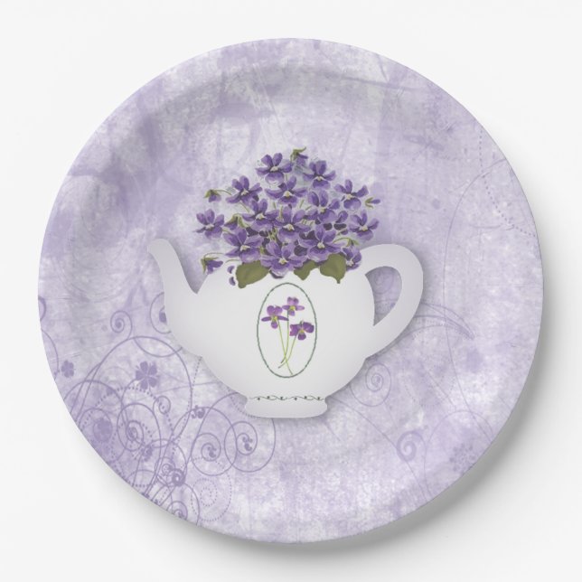Assiette En Papier Théière Violettes (Devant)