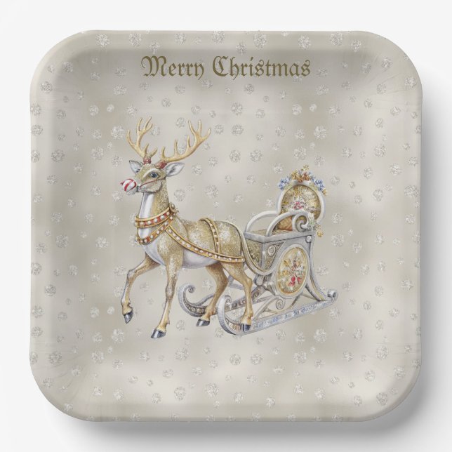 Assiette en Papier Vacances Traîneau Renne (Recto)