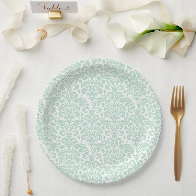 Assiette en papier vert sauge Damas Pretty Cute (Mariage)