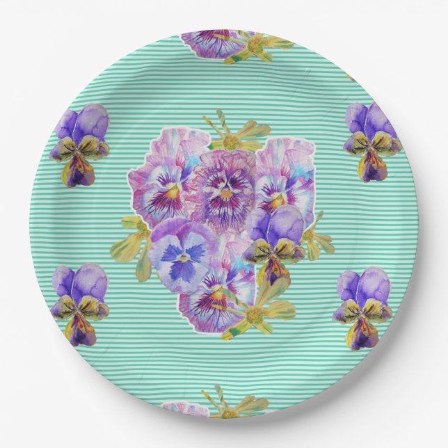 Assiette Motif de papier à fleurs de Pansy Aqua (Devant)