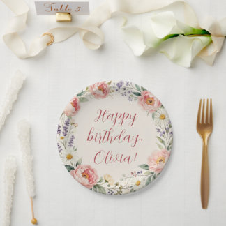 Assiette personnalisée Fleurs Joyeux Anniversaire