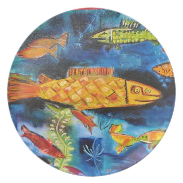 Assiette plat avec la peinture lunatique de poissons (Devant)