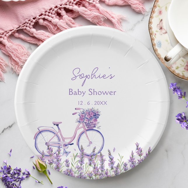 Assiette pour Baby Shower vélo à fleurs de lavande (Créateur téléchargé)