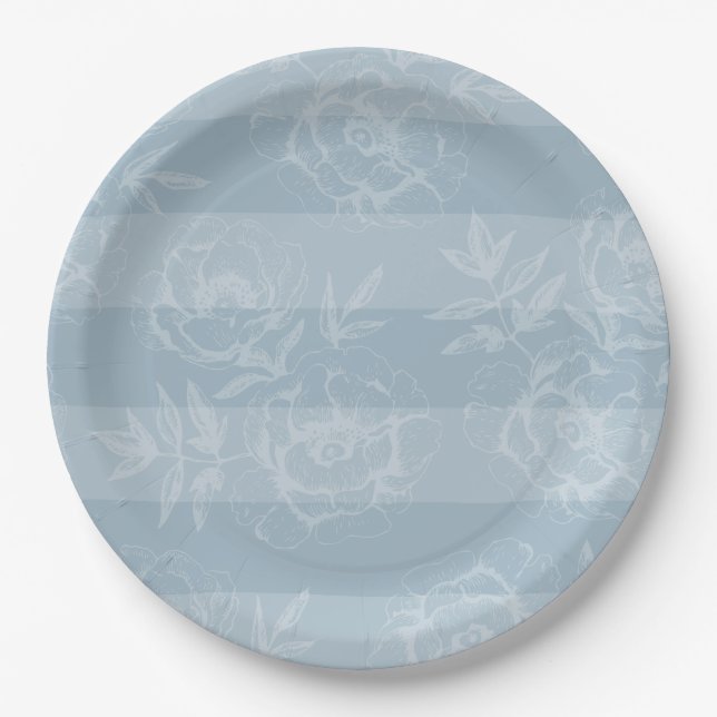 Assiettes de fête de diner à rayures florales bleu (Devant)