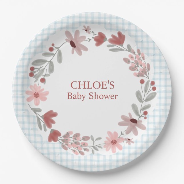 Assiettes En Carton 001 Sky Blue Wildflower Bow Frame Gingham (Devant)