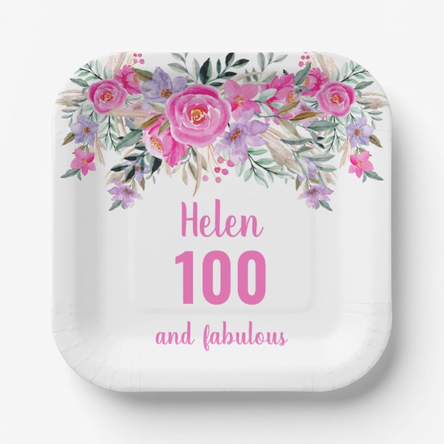 Assiettes En Carton 100e anniversaire aquarelle rose floral (Recto)