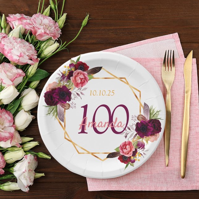 Assiettes En Carton 100e anniversaire fête blanche geo floral bordeaux (Créateur téléchargé)