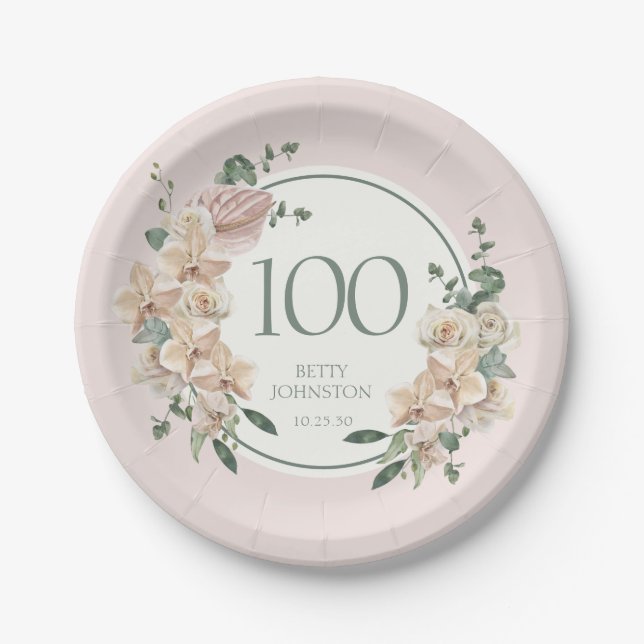 Assiettes En Carton 100e anniversaire Tropical Floral (Devant)