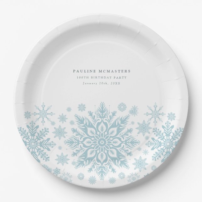 Assiettes En Carton 100e fête d'anniversaire Blue White Snowflake Cust (Devant)