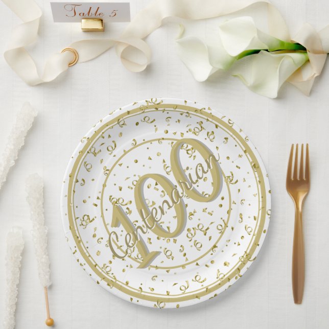 Assiettes En Carton 100e Soirée Centenaire Elégante Or/Blanc (Mariage)