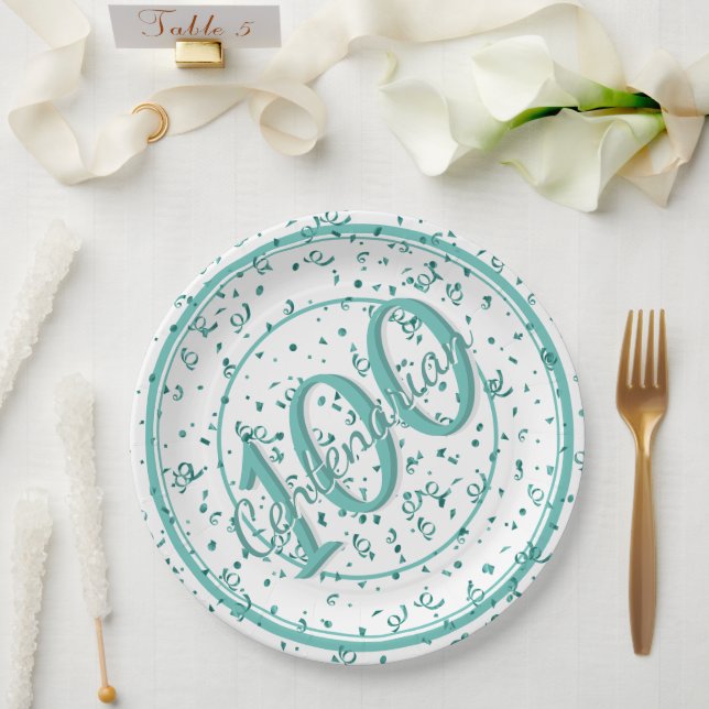 Assiettes En Carton 100e Soirée Centenaire Turquoise/blanche (Mariage)