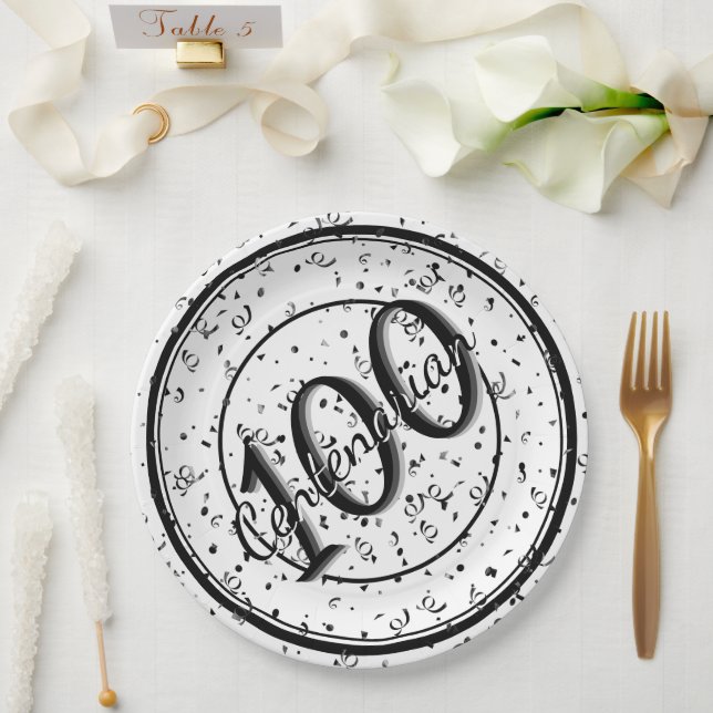 Assiettes En Carton 100ème Soirée Centenaire Noir/Blanc (Mariage)