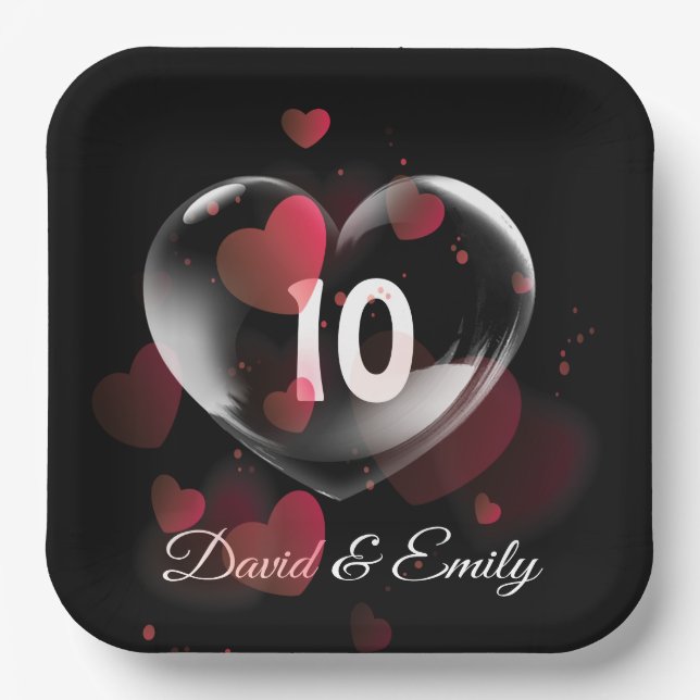 Assiettes En Carton 10e Anniversaire Bulle cardiaque avec Coeurs rouge (Recto)