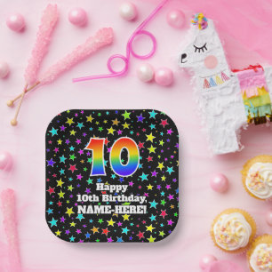 Assiettes En Carton 10e anniversaire : Fun Stars Motif et Rainbow "10"