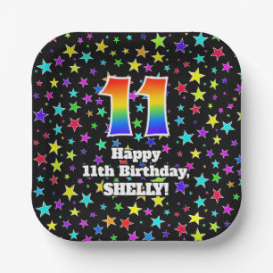 Assiettes En Carton 11e anniversaire : Fun Stars Motif et Rainbow "11"